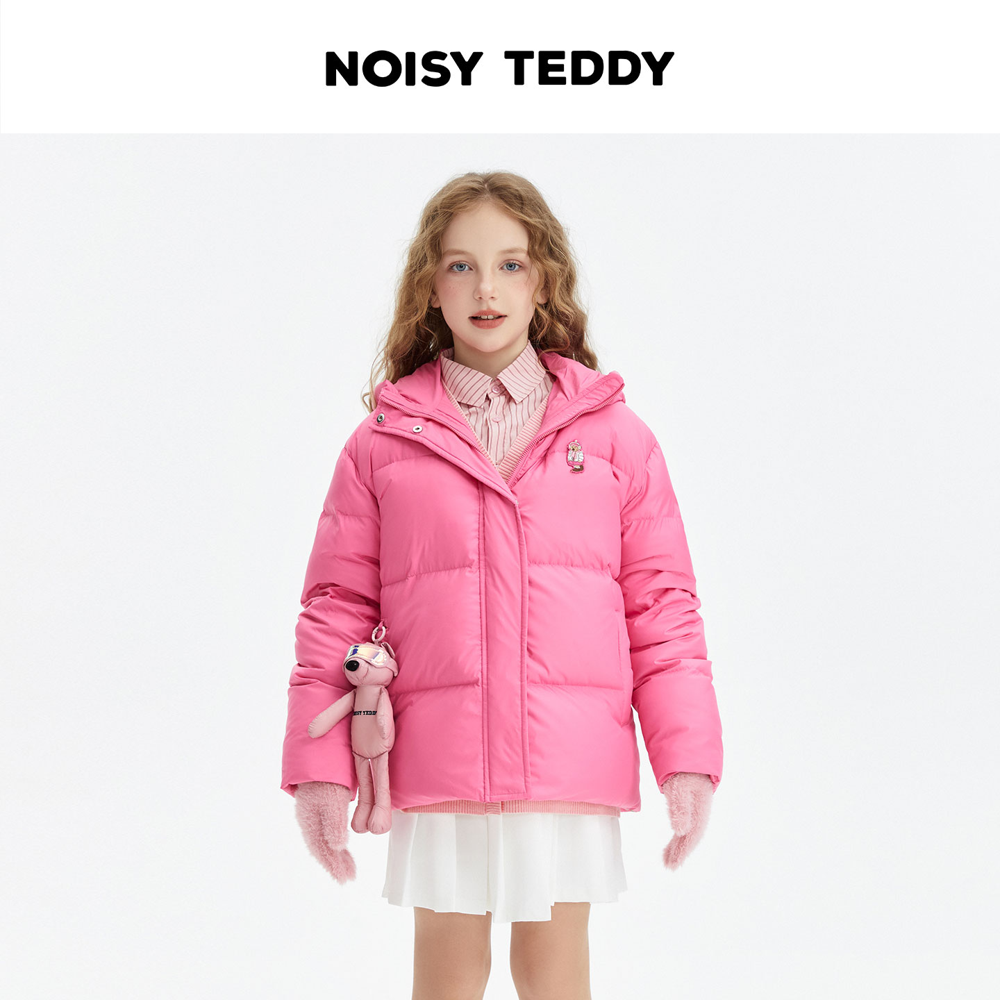 NOISY TEDDY 可爱风科技熊款刺绣连帽儿童羽绒服休闲防风保暖