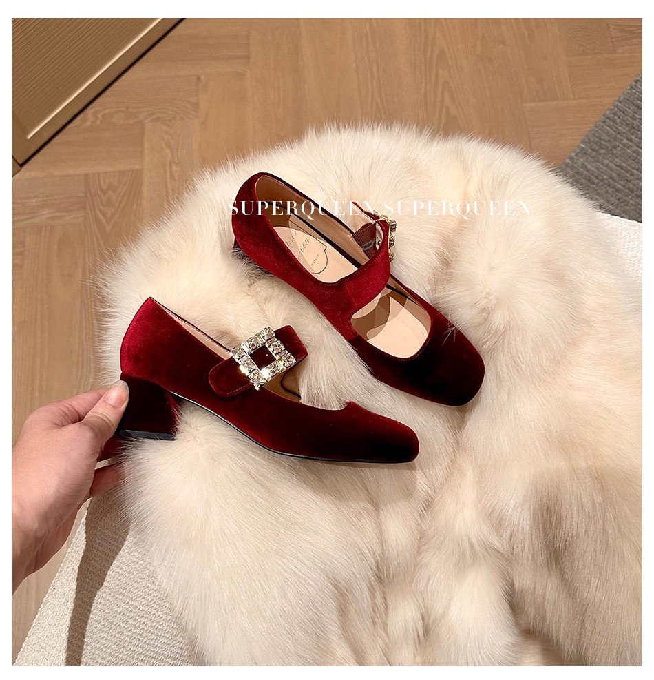 水钻酒红色方头单鞋增高粗跟高跟覆古风浅口女鞋低跟