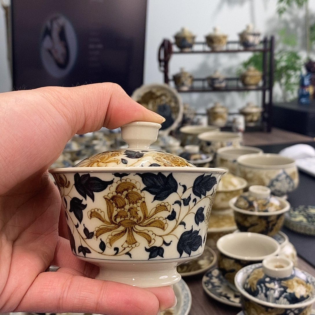 盖碗小*车景德镇手工手绘茶具
