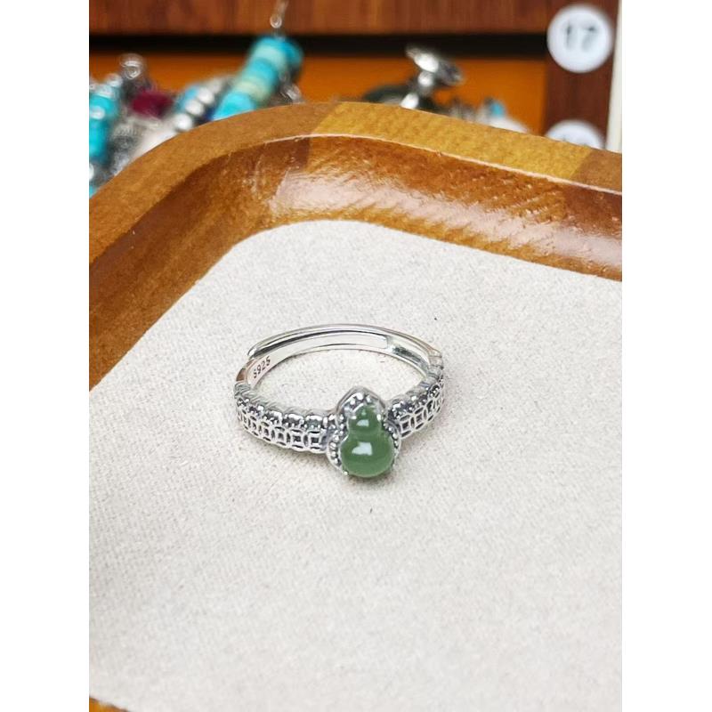 S925通体银镶嵌和田玉碧玉戒指葫芦精致款新中式