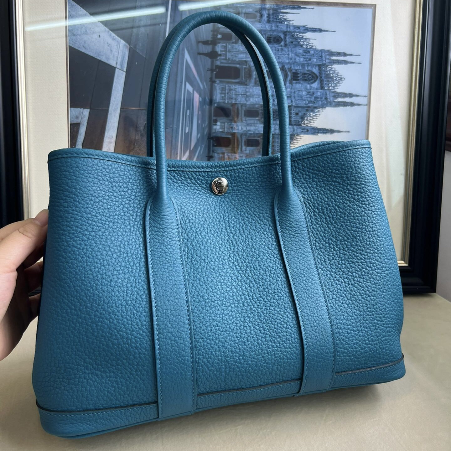 99新 Hermes/爱马仕 【老于】花园30博斯普鲁斯蓝银扣tc皮x手提包