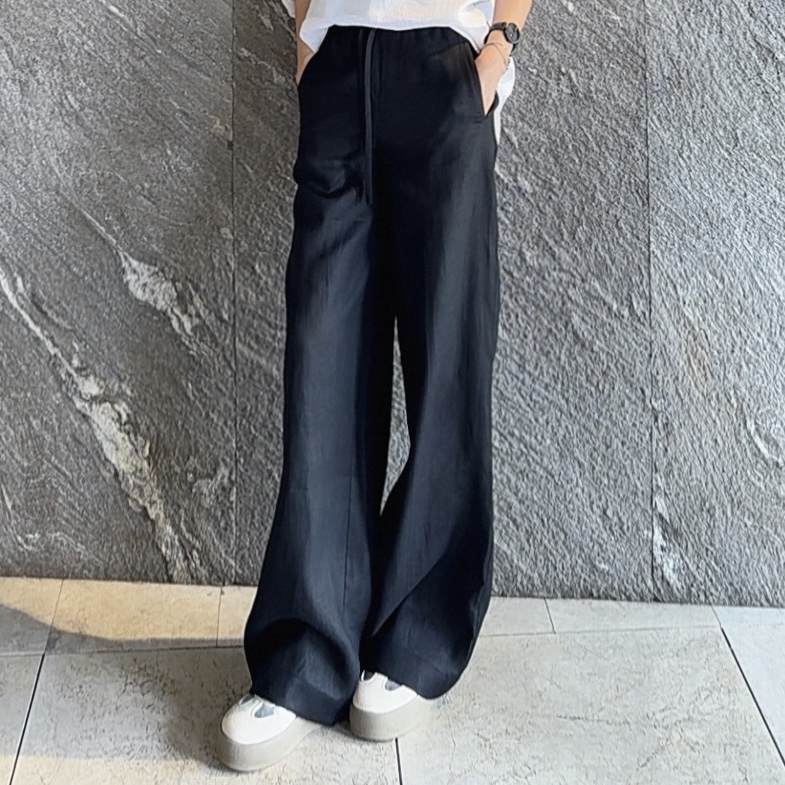 AMASS/阿玛施高腰显瘦宽松纯色薄款垂感亚麻休闲直筒裤 5100552