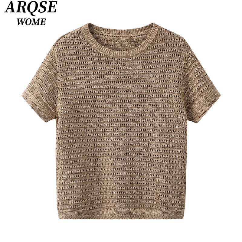 艾诺丝商场同款2025春新款时尚显瘦圆领短袖针织衫上衣8176