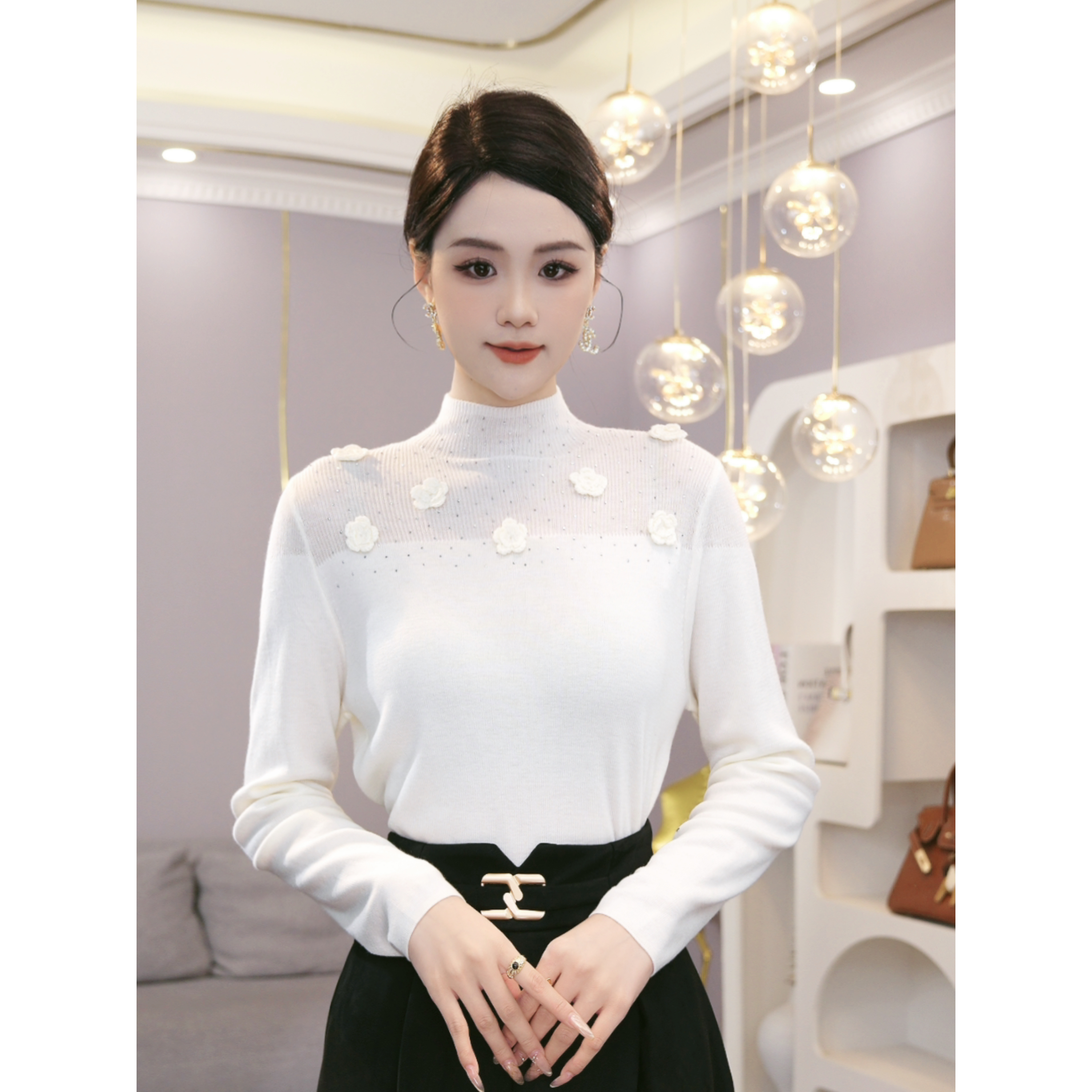 2026新款【JR-21】含绵羊毛针织衫烫钻提花精致修身百搭毛衣女