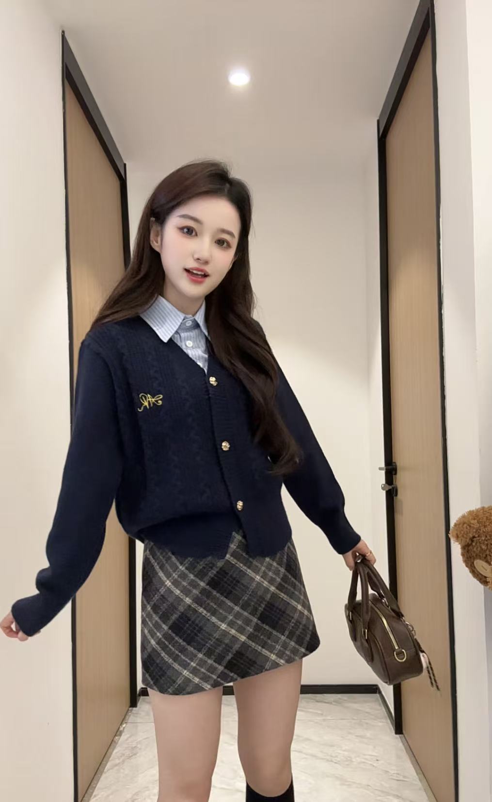 秋冬高级感设计小众拼接撞色学院风假两件POLO领针织衫上衣