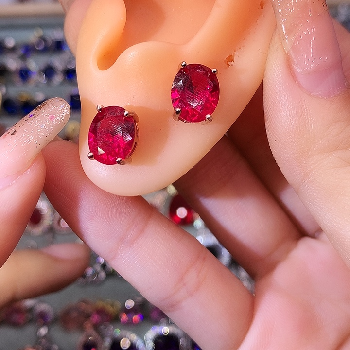 红宝石耳饰银S925镶嵌