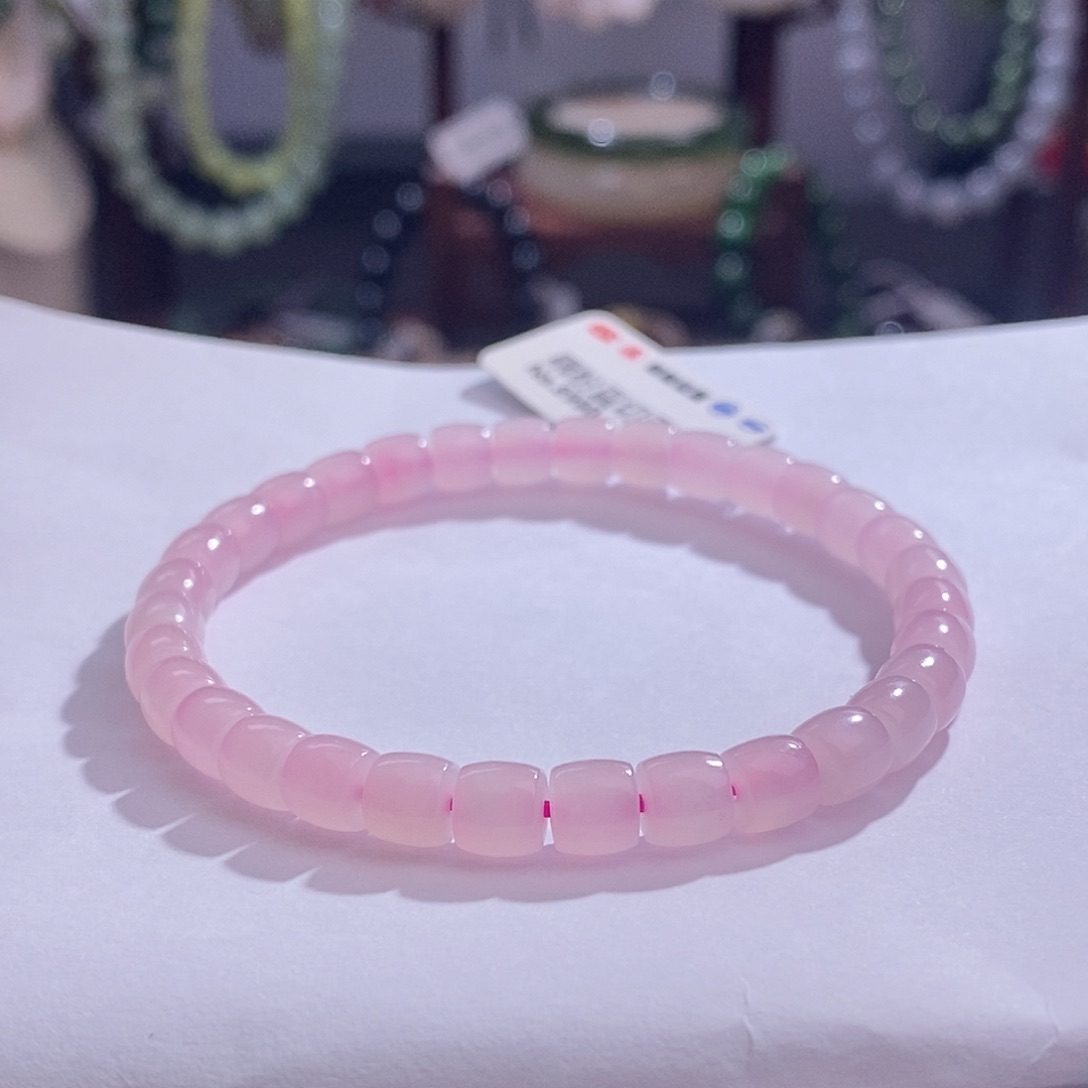 和田玉藕粉直切樱花粉手串6MM未镶嵌