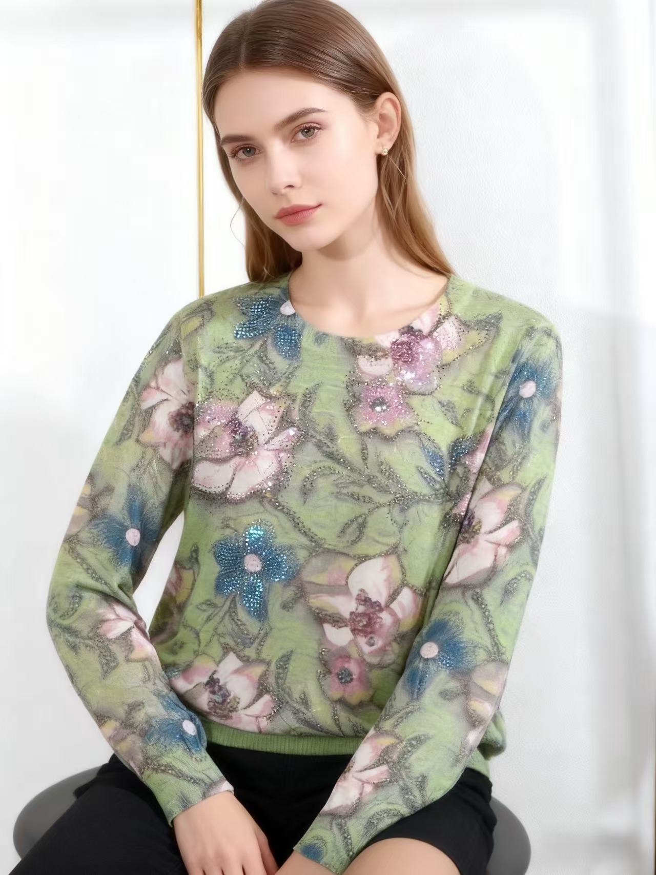 圆领印花薄款宽松型常规款衫秋冬百搭时尚针织显瘦气质休闲提花