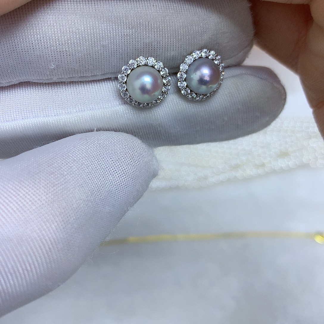 海水珍珠银S925镶嵌耳饰7-8