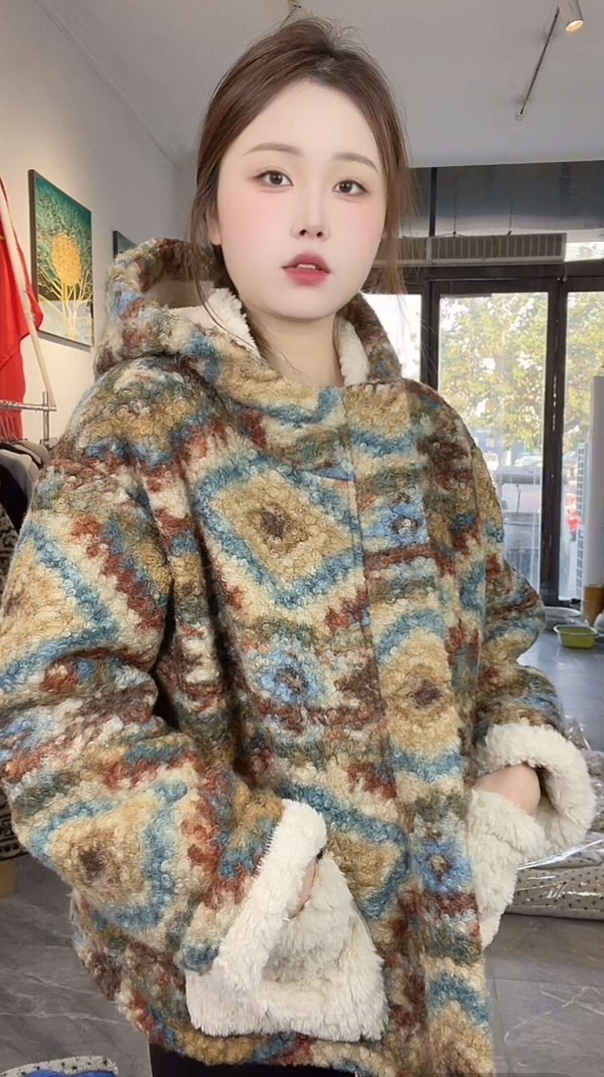 冬季圈圈毛羊羔毛带帽三层加厚甜美家居服（单上衣）