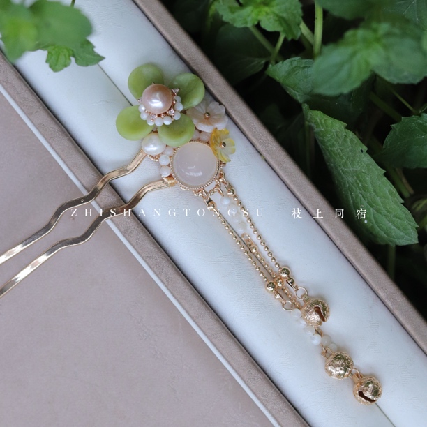 绿花白玛铃铛百搭淡雅清新旗袍汉服旗袍新中式小发钗体支