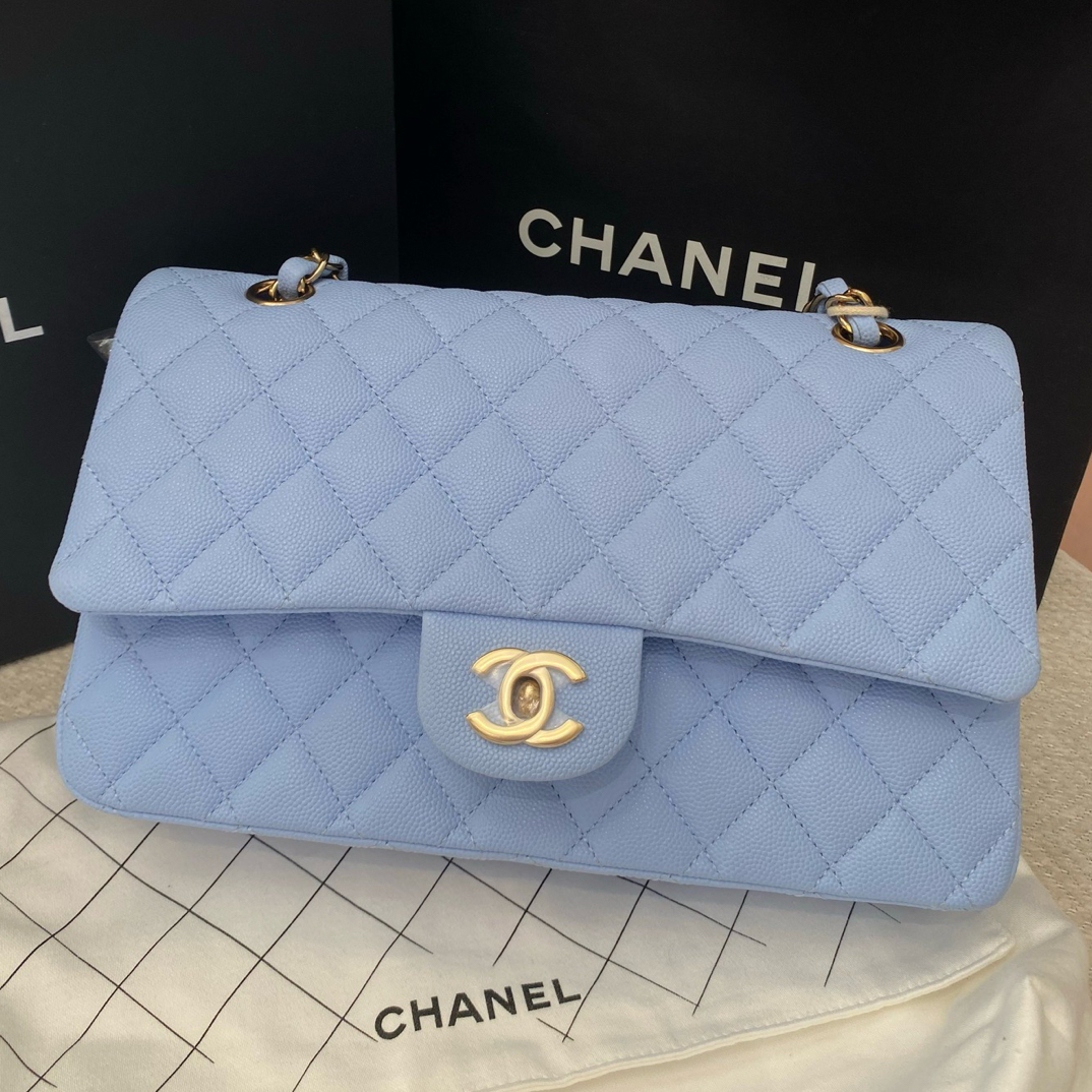 未使用 Chanel/香奈儿 cf baby蓝 荔枝皮中号单肩斜挎包 未使用