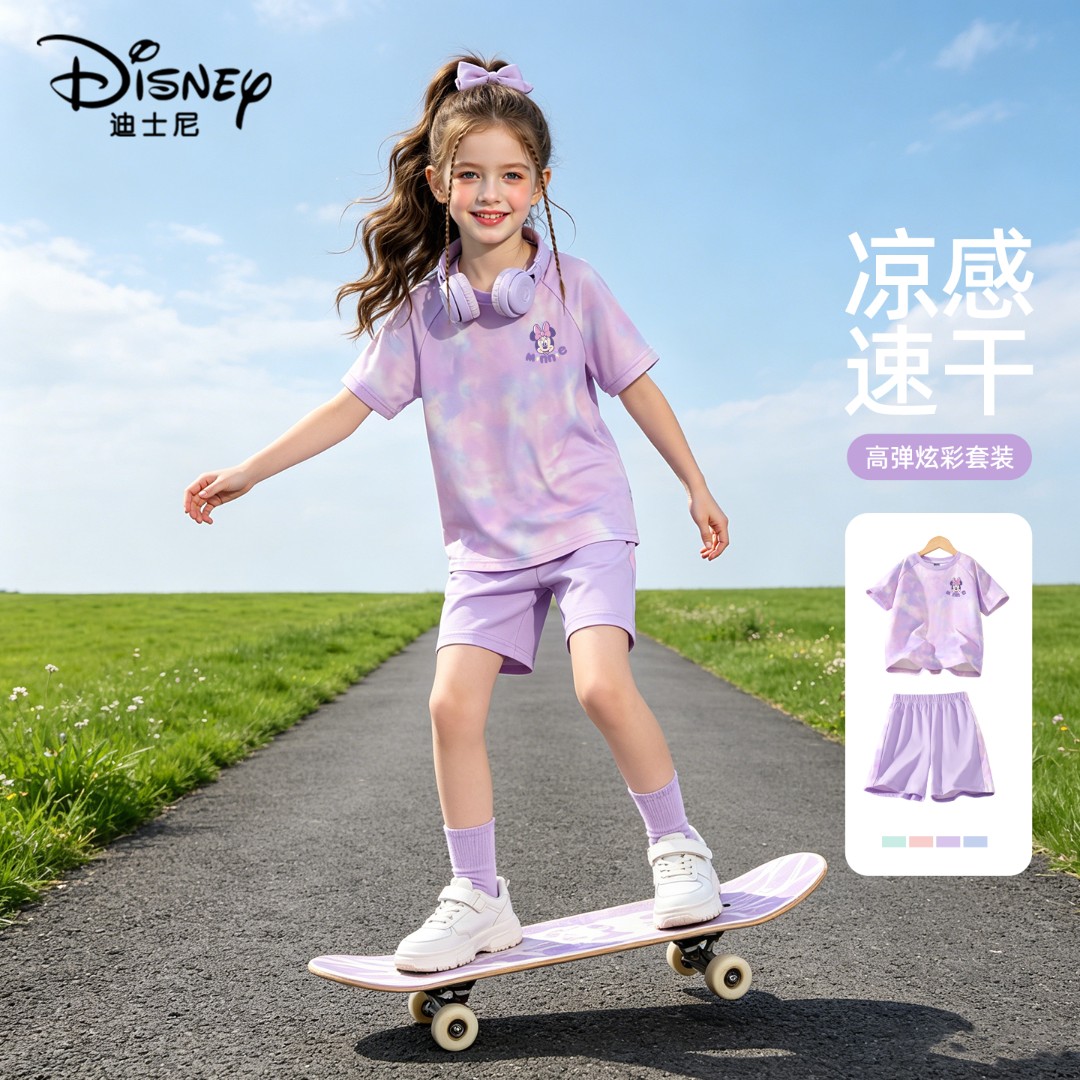 迪士尼女童夏季运动套装时尚女孩炫彩速干短袖2026新款儿童两件套