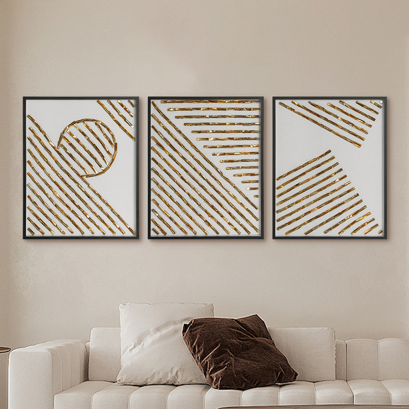 现代简约金色鲍鱼贝壳装饰画几何立体三联挂画欧式客厅沙发背景墙