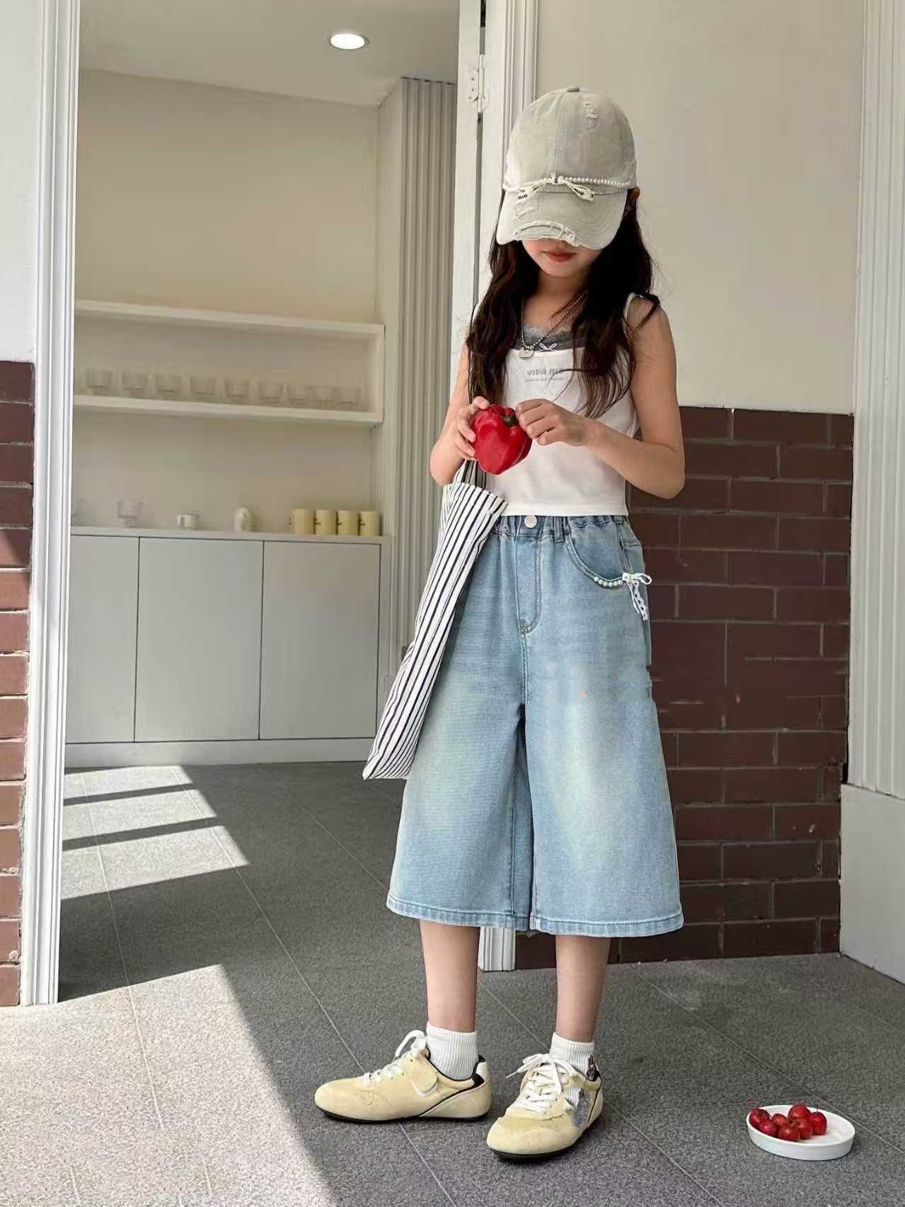 中性百搭6663裤子蓝色休闲休闲裤五分裤童装时尚阔腿中裤小孩衣服