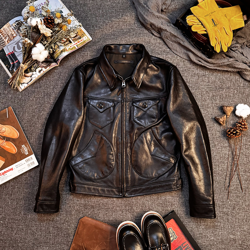 高端精品男士黑色牛皮门多萨真皮皮衣