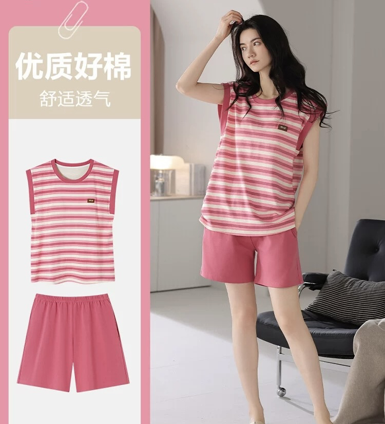 带胸垫夏季无袖背心家居服睡衣套装可外穿两件套