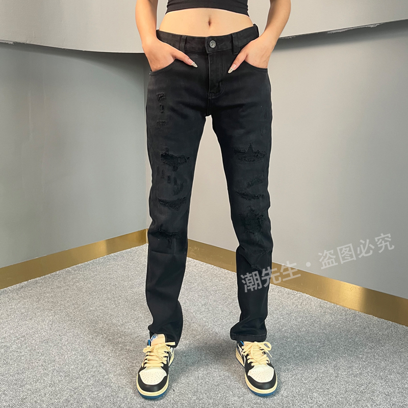 2025秋冬新款潮牌男士牛仔裤韩版时尚休闲黑色破洞修身小直筒长裤