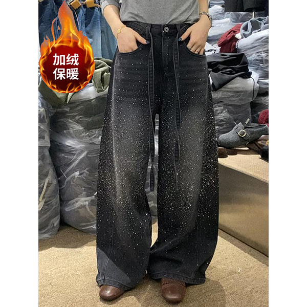 美式复古时尚满天星亮钻拼接牛仔裤子女辣妹设计感加绒阔腿拖地裤