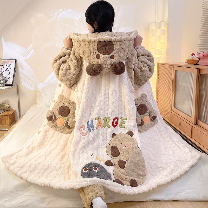 珊瑚绒睡袍女秋冬季加绒加厚法兰绒睡衣可爱小猫家居服套装可外穿