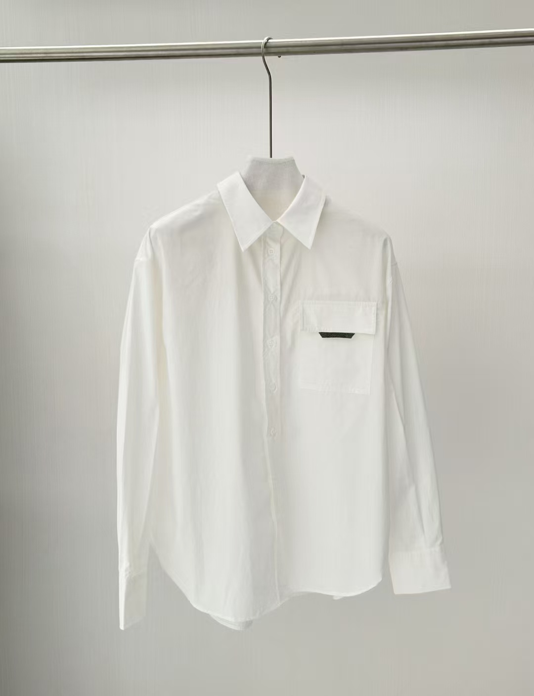 休闲风落肩袖BC黑色口袋雪纺衬衫女装宽松白衬衫纯色