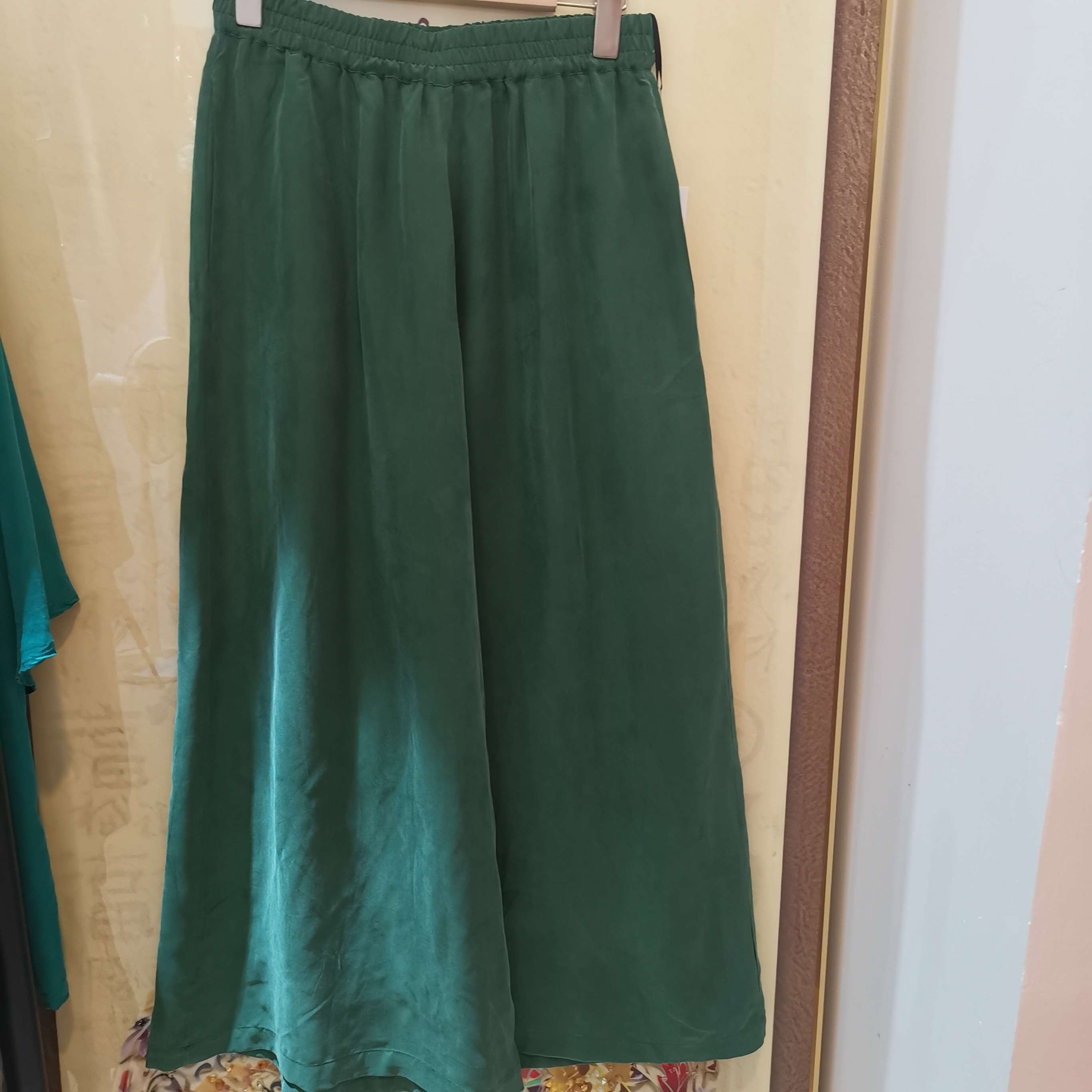 中式松紧腰高腰铜氨丝阔腿裤