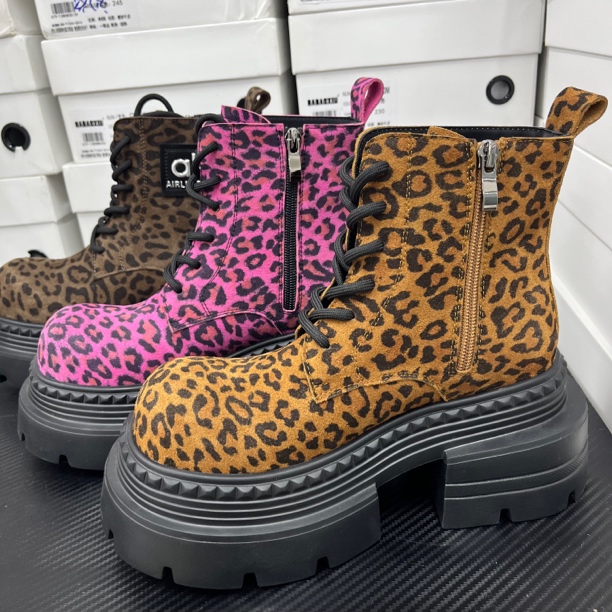 野性豹纹厚底系带短靴女款冬季加绒保暖时尚百搭马丁靴