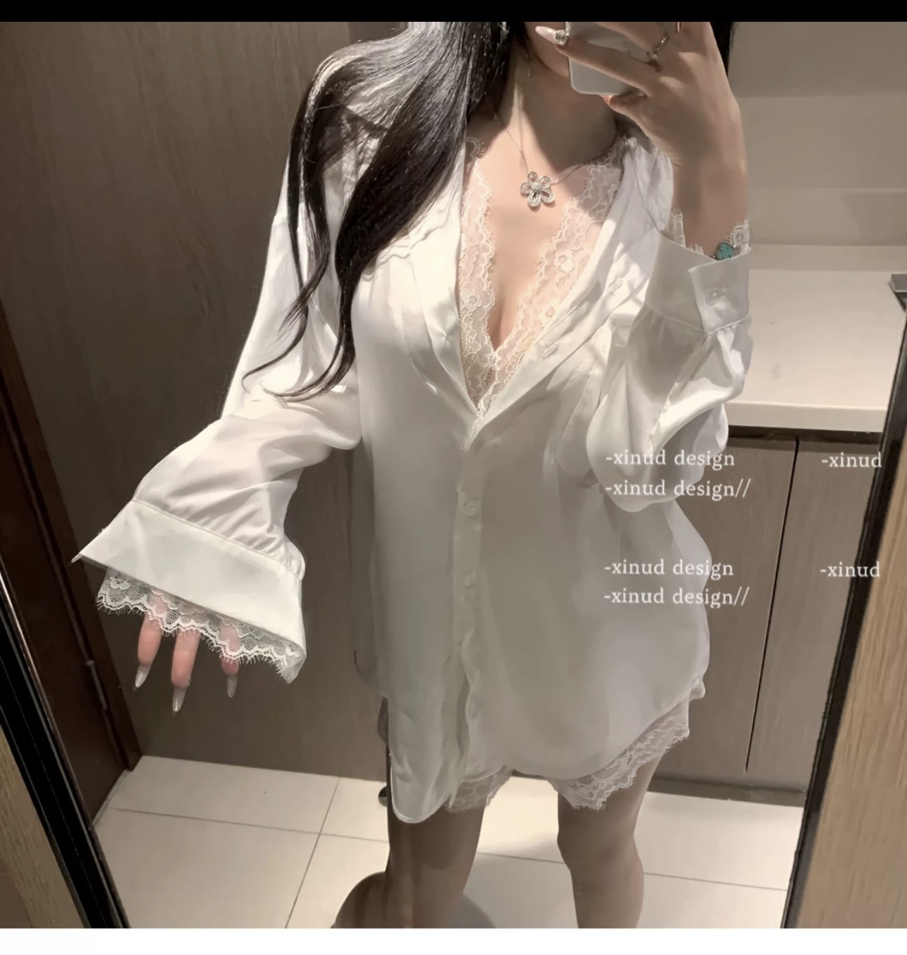 Vanessa性感长袖纯欲风宽松衬衫睡衣短裤男友风家居套装网红诱惑