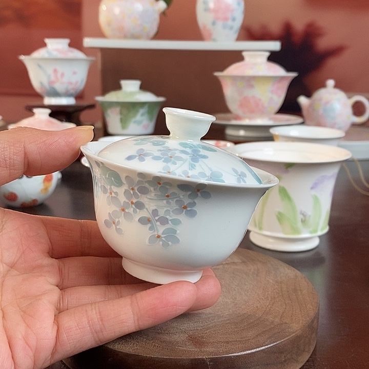 丁香花盖碗釉下手绘高温