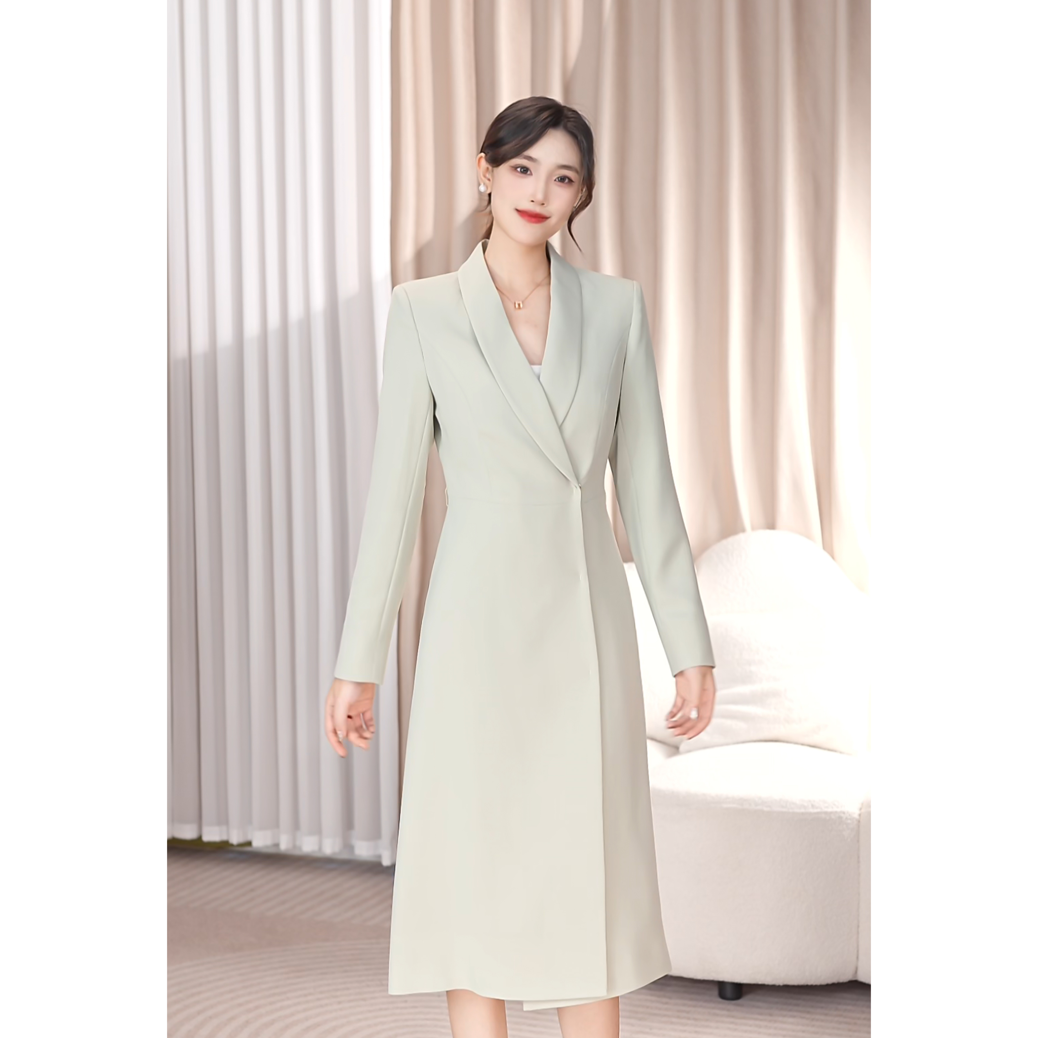 浅绿色职业西装连衣裙女装夏款高级艺考播音主持女神气质工作服