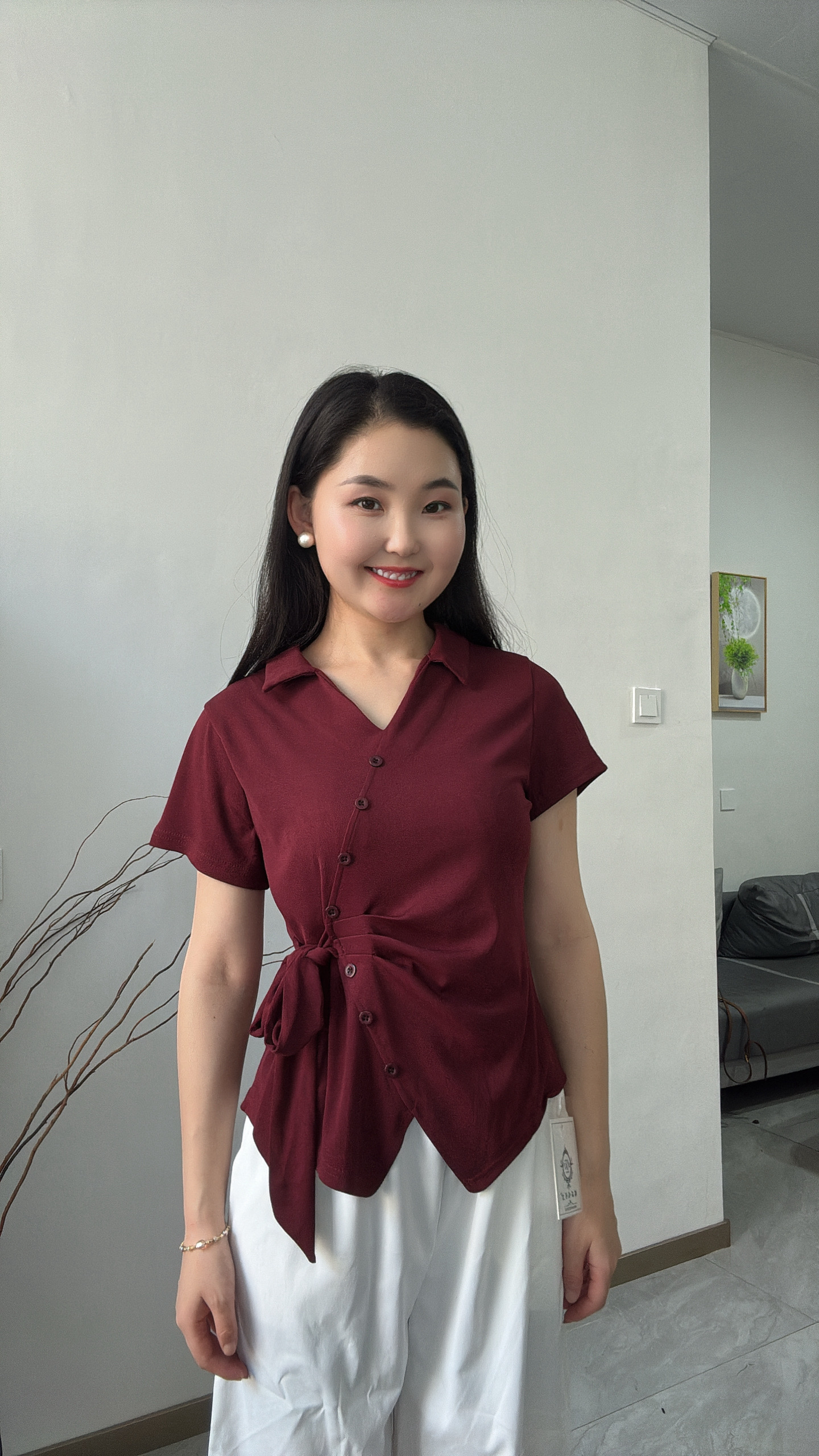 2676T恤夏季不规则短款短袖V领常规款套装不对称女士百搭法式简约