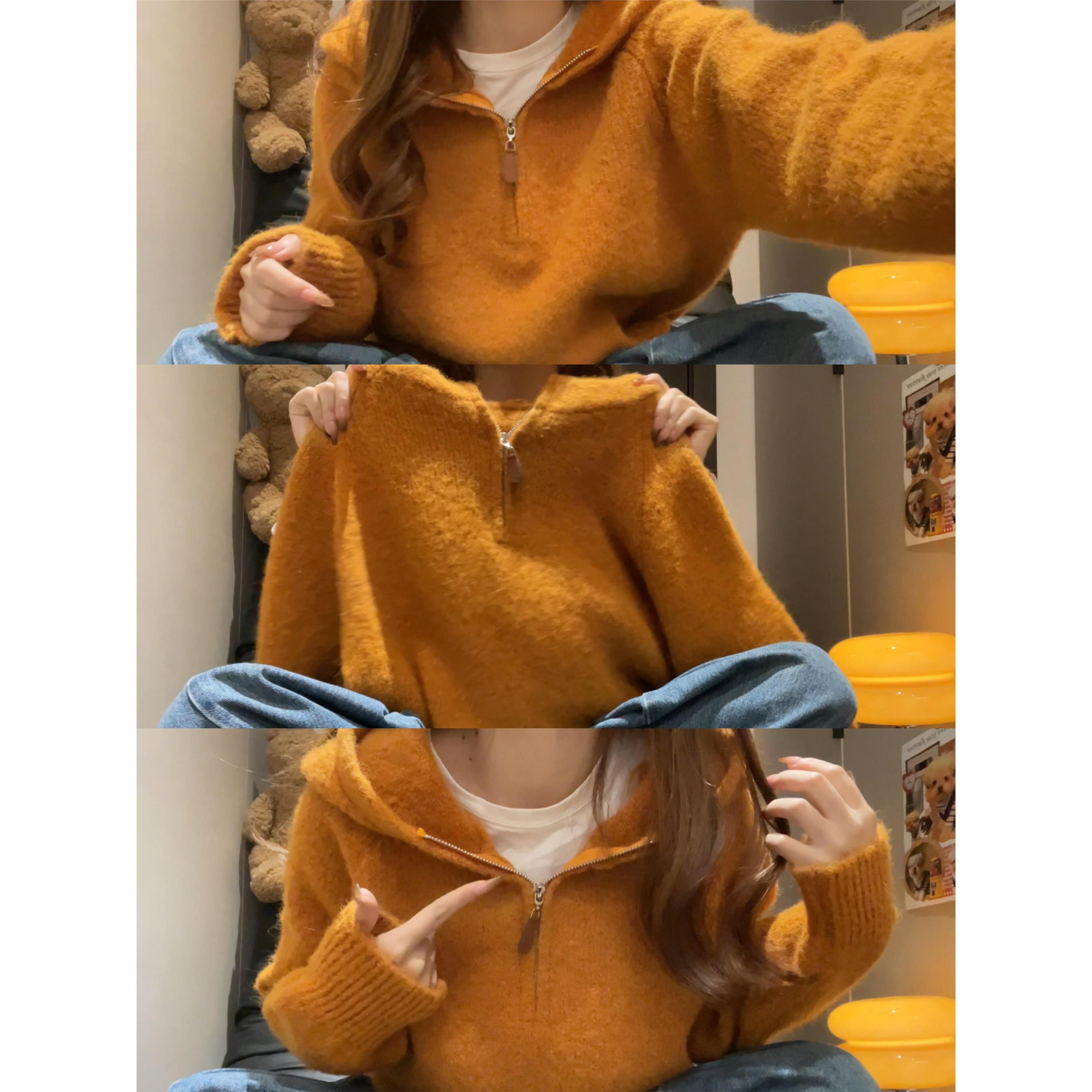 韩系慵懒风软糯半拉链连帽毛衣女春秋冬季外穿套头针织衫宽松上衣