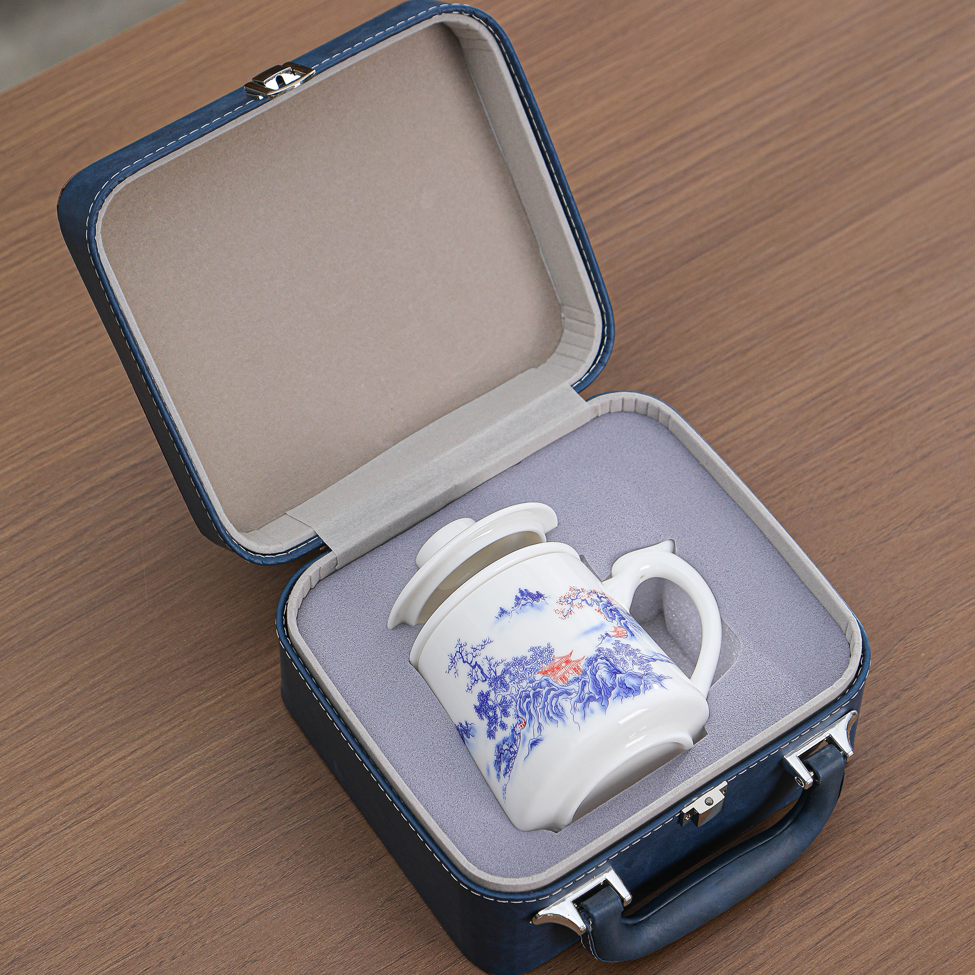 釉中青花山水楼阁帝王杯（龙把）手工高档家用过滤陶瓷大容量中式