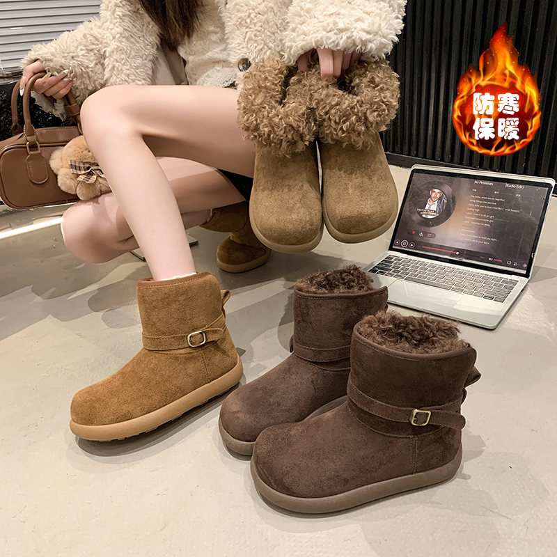 复古羊羔毛加绒保暖防滑雪地靴女2025冬季新款圆头软平底勃肯棉鞋