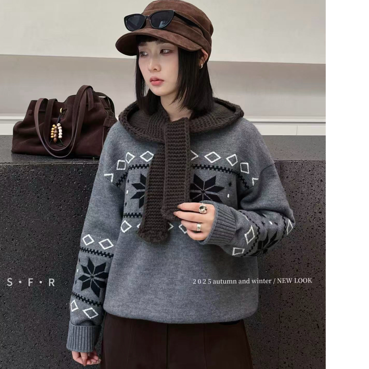 【特价不支持退换】韩系潮流氛围感复古菱形花针织长袖上衣女宽松