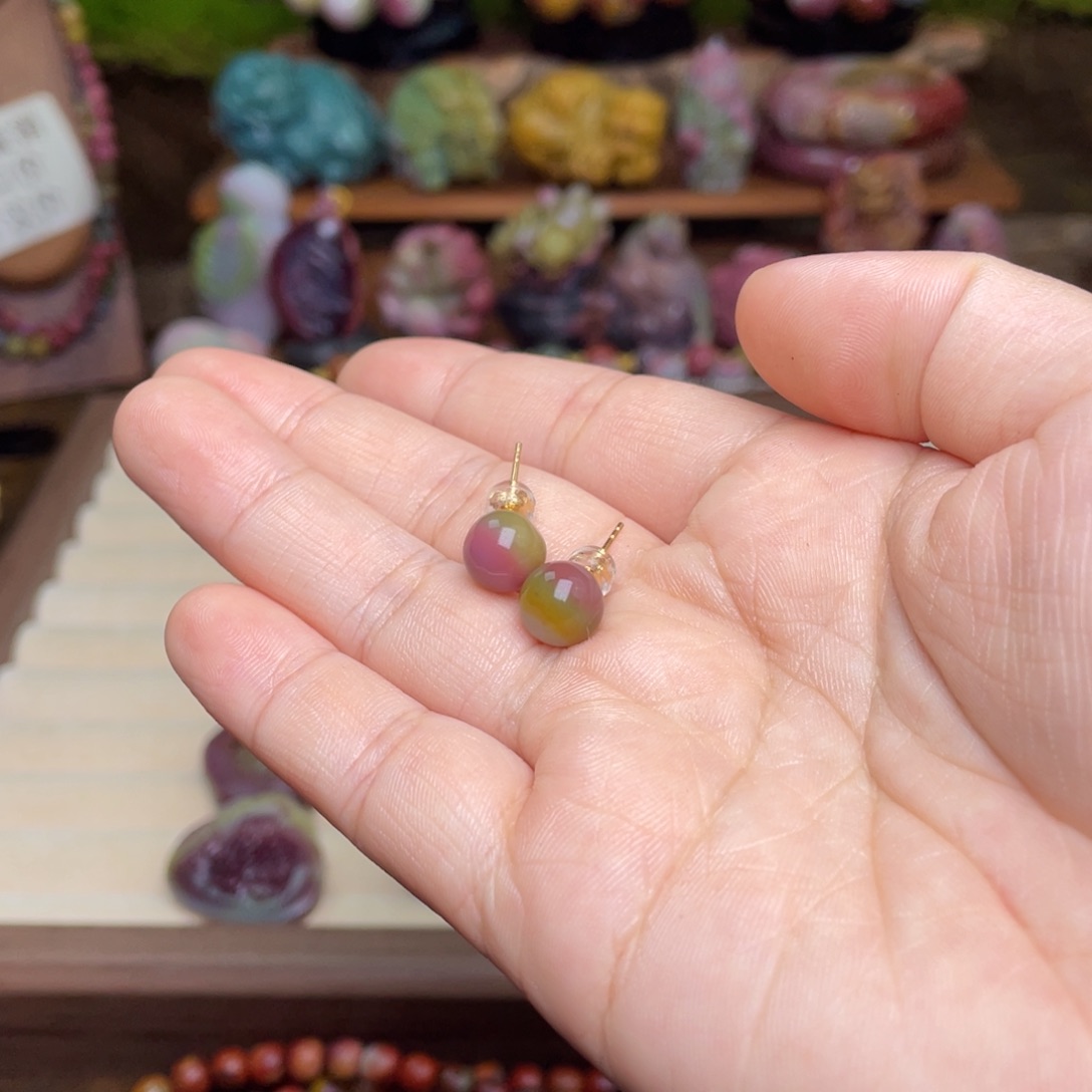 玛瑙/玉髓珠宝半成品18K金镶嵌盐源玛瑙西瓜耳钉