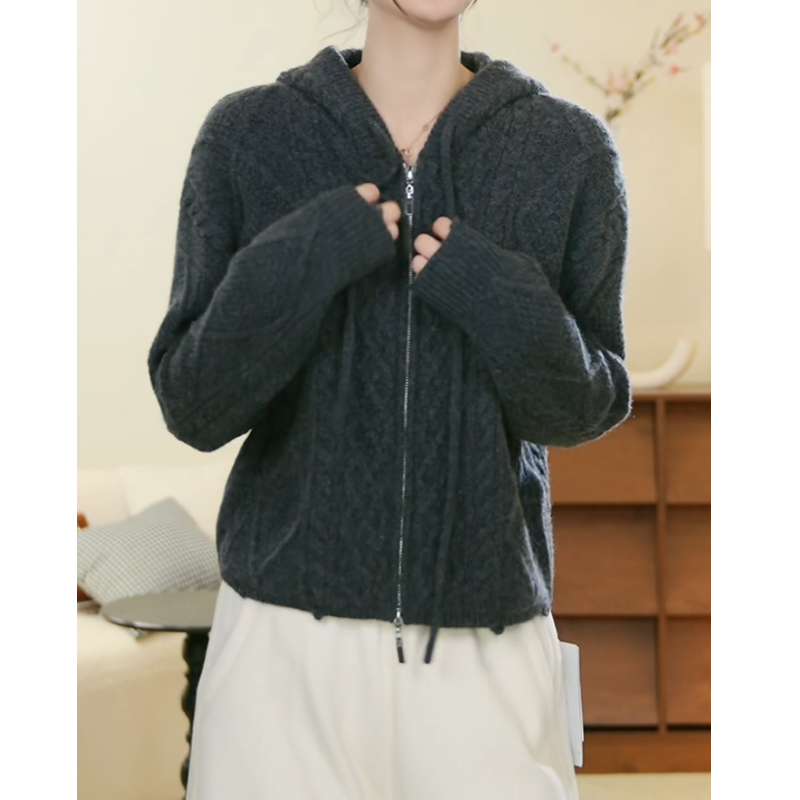100%山羊绒新款宽松气质连帽套头针织上衣女士羊绒衫毛衣YR75030