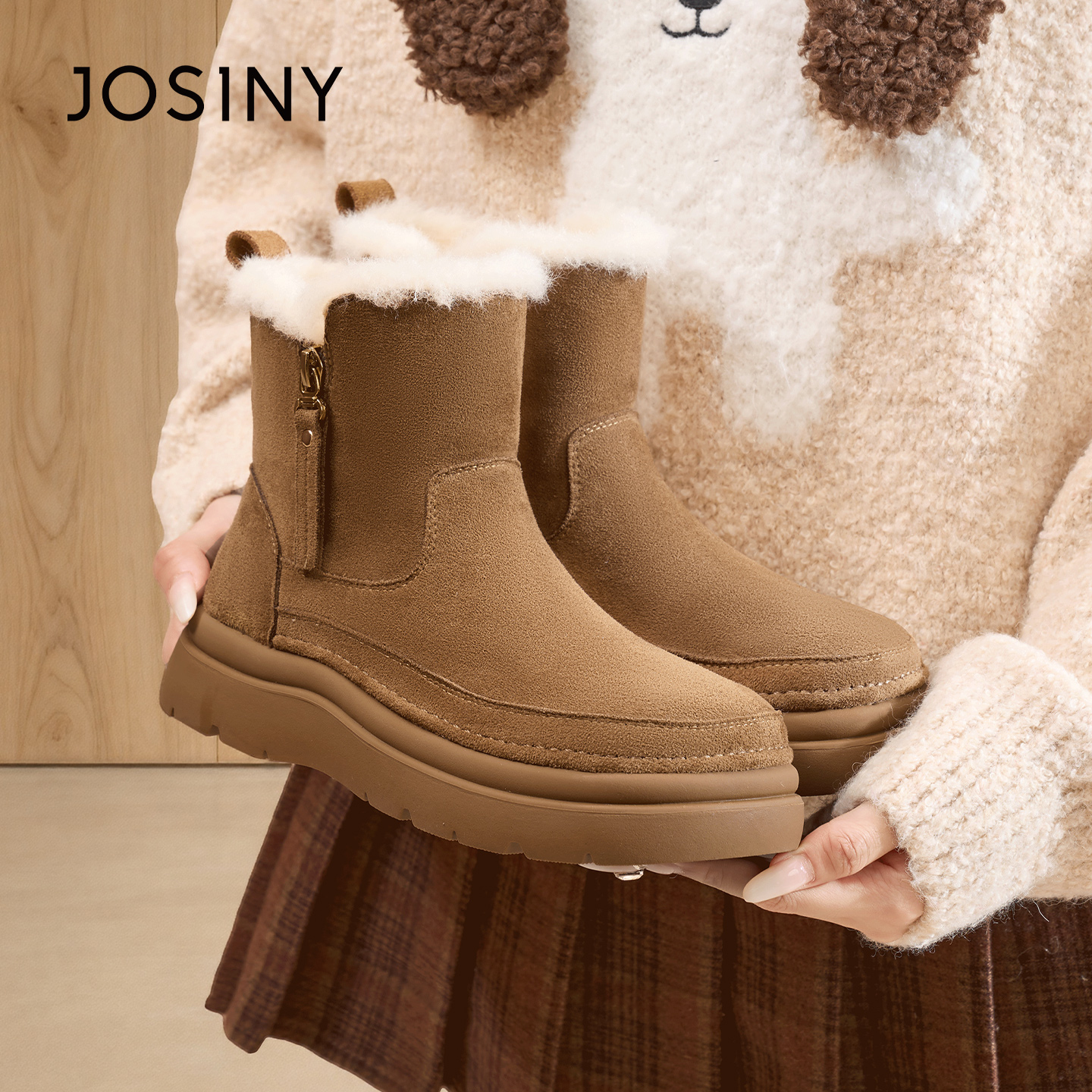 卓诗尼2025厚底雪地靴冬季新款高帮加绒保暖时尚短靴562A60938