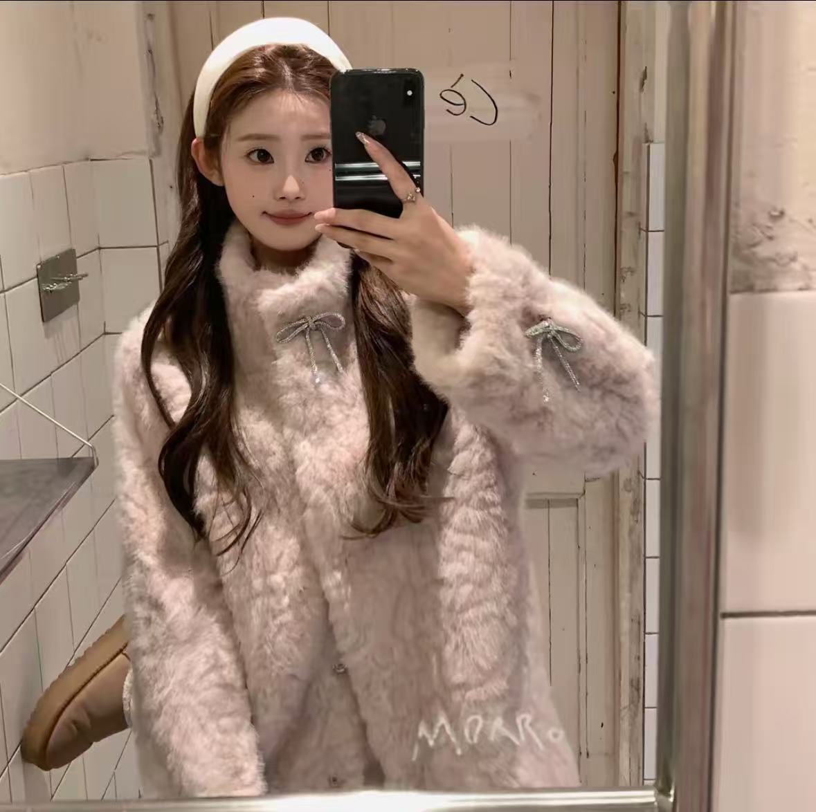 小熊心事立领毛毛一体染尖外套女2025冬季新款加厚毛毛外套