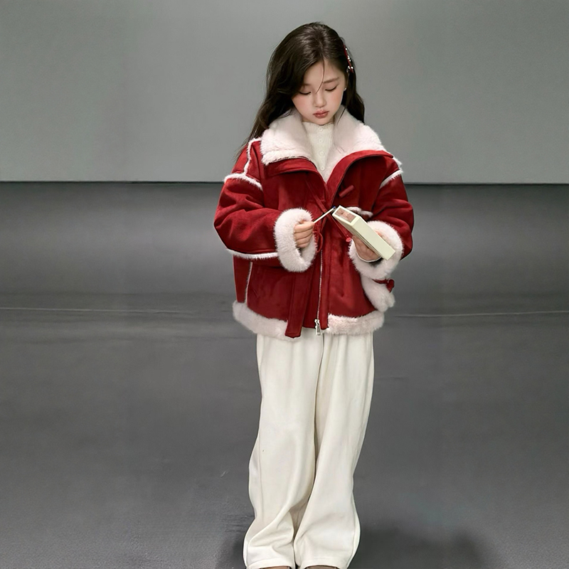 女童冬装外套2025新款加绒加厚上衣大童女孩冬季过年红色年服