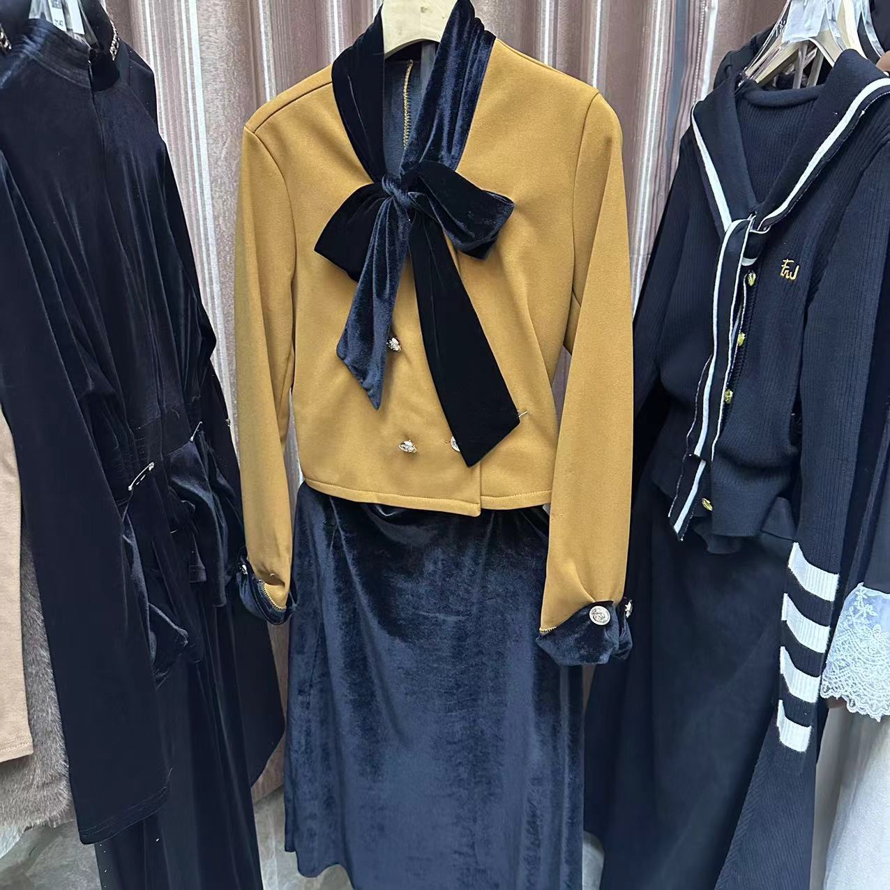 J1141系带衬衣女装针织时尚套装时尚假两件休闲风连衣裙百搭学院