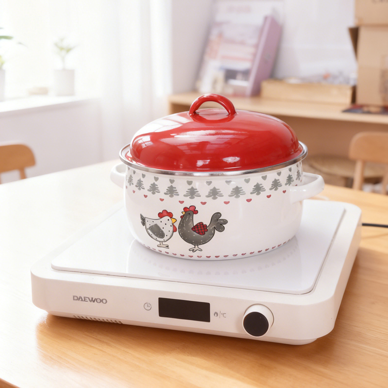 珐琅搪瓷汤锅公鸡花加厚双耳红盖宝妈辅食泡面锅平底汤锅搪瓷厨具