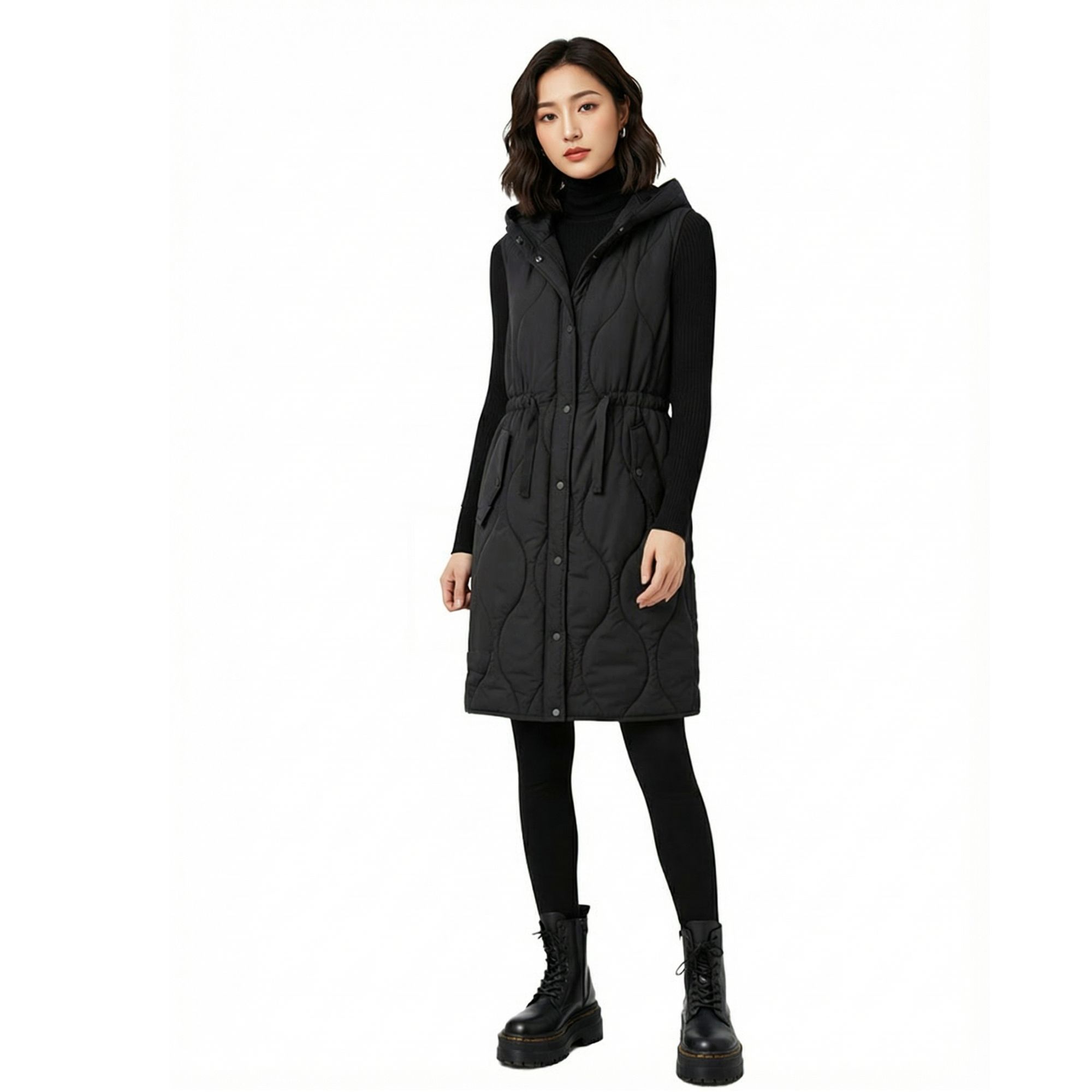 【巨显瘦】抽绳收腰可拆卸连帽长款棉马甲