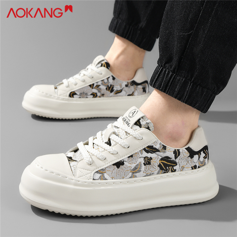 Aokang/奥康男鞋2025秋冬时尚透气刺绣鞋子男式增高低帮休闲板鞋