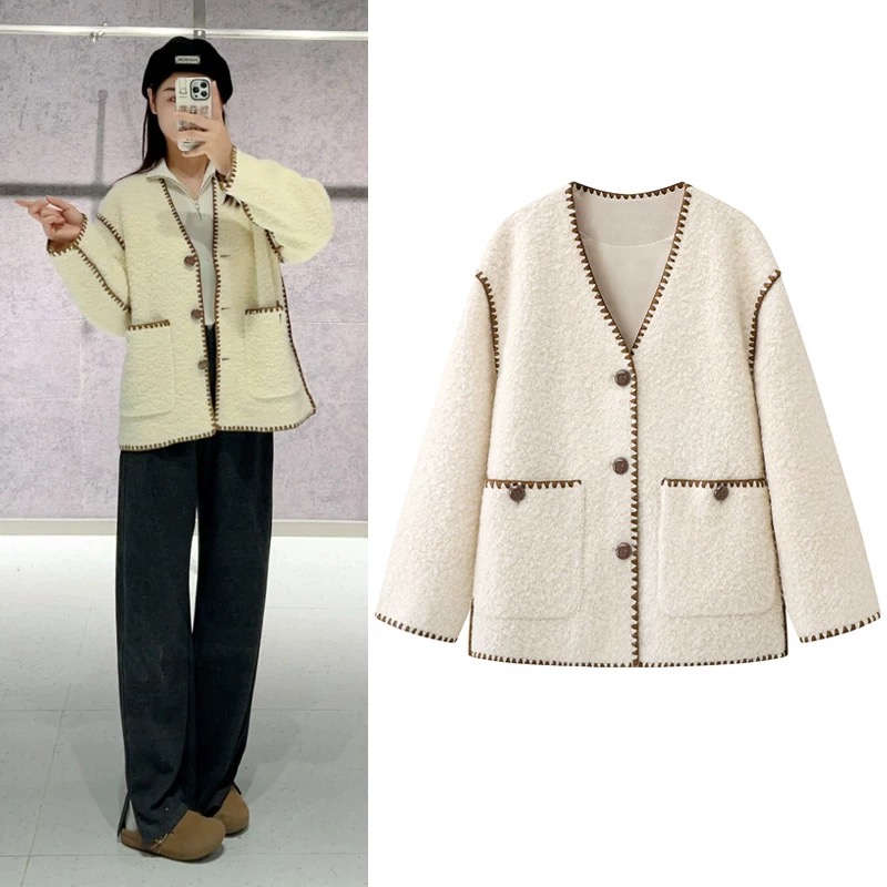 【Z102】2025冬季新款毛呢外套撞色宽松大衣女