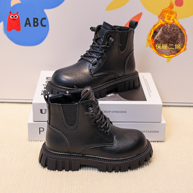 ABC女童短靴秋冬款2025新款儿童马真皮丁靴男童加绒靴子女孩靴子