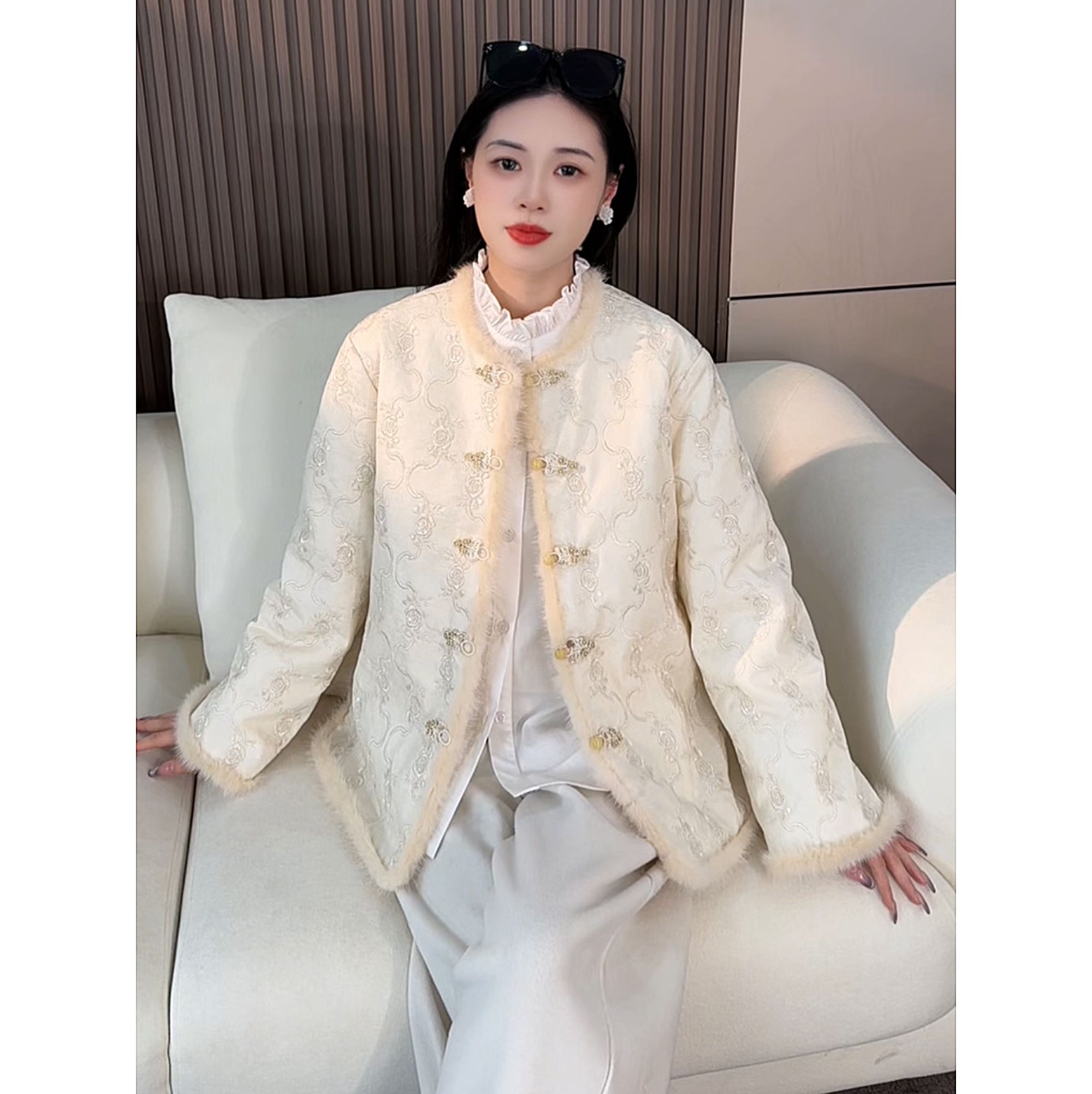 白竹烟 长袖新中式女冬季女士复古棉服外套中式长款重工