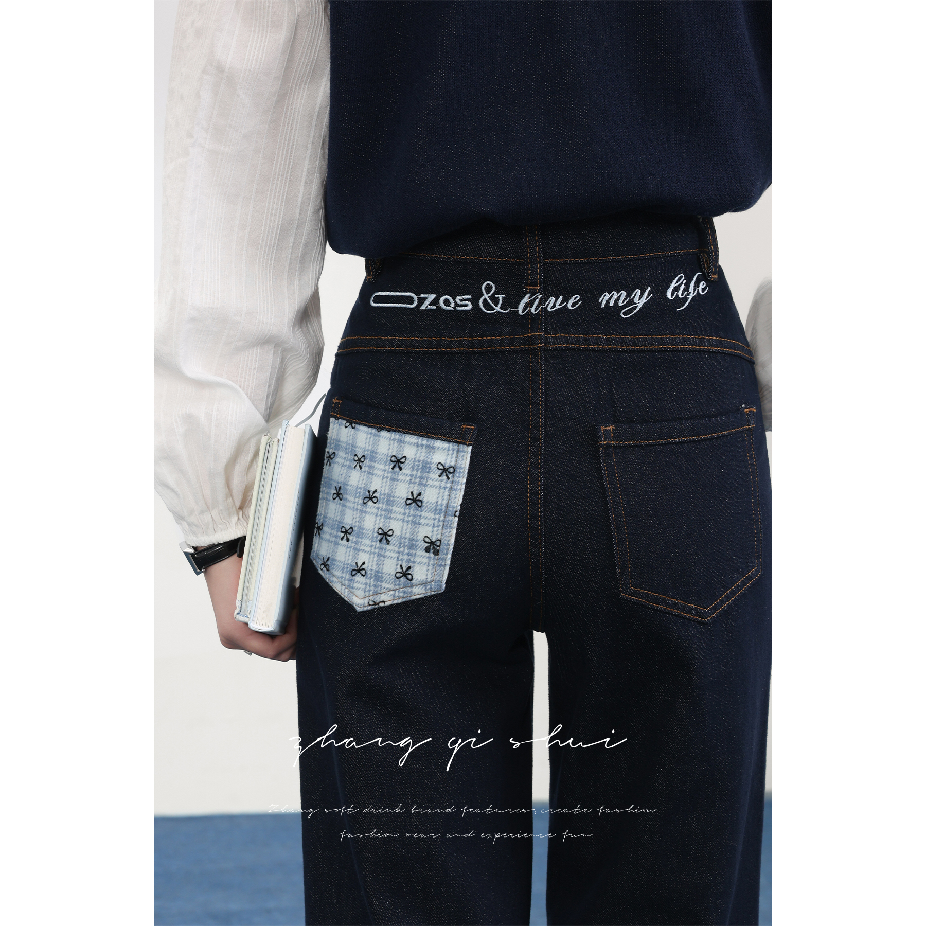 张汽水卷边直筒牛仔裤女秋季高腰设计感格子拼接阔腿裤子Z14946-2