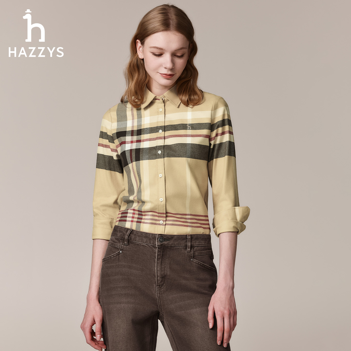 HAZZYS哈吉斯秋冬季女士格纹衬衫薄款休闲气质经典衬衣复古长袖