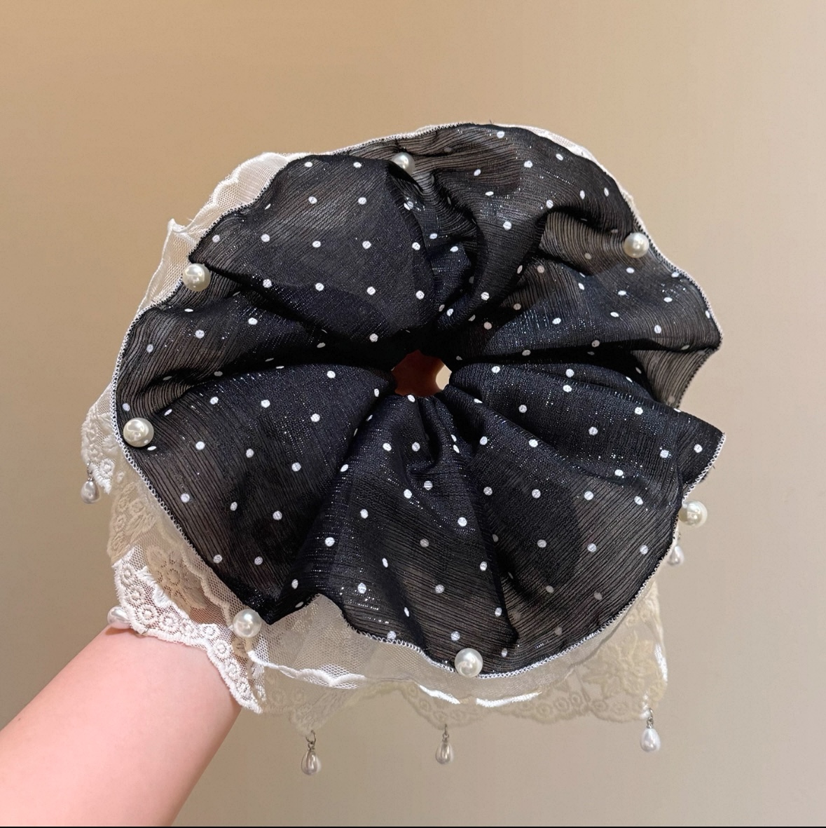 蕾丝珍珠大肠发圈女高级感丸子头双层大号发饰头绳发绳头花女清